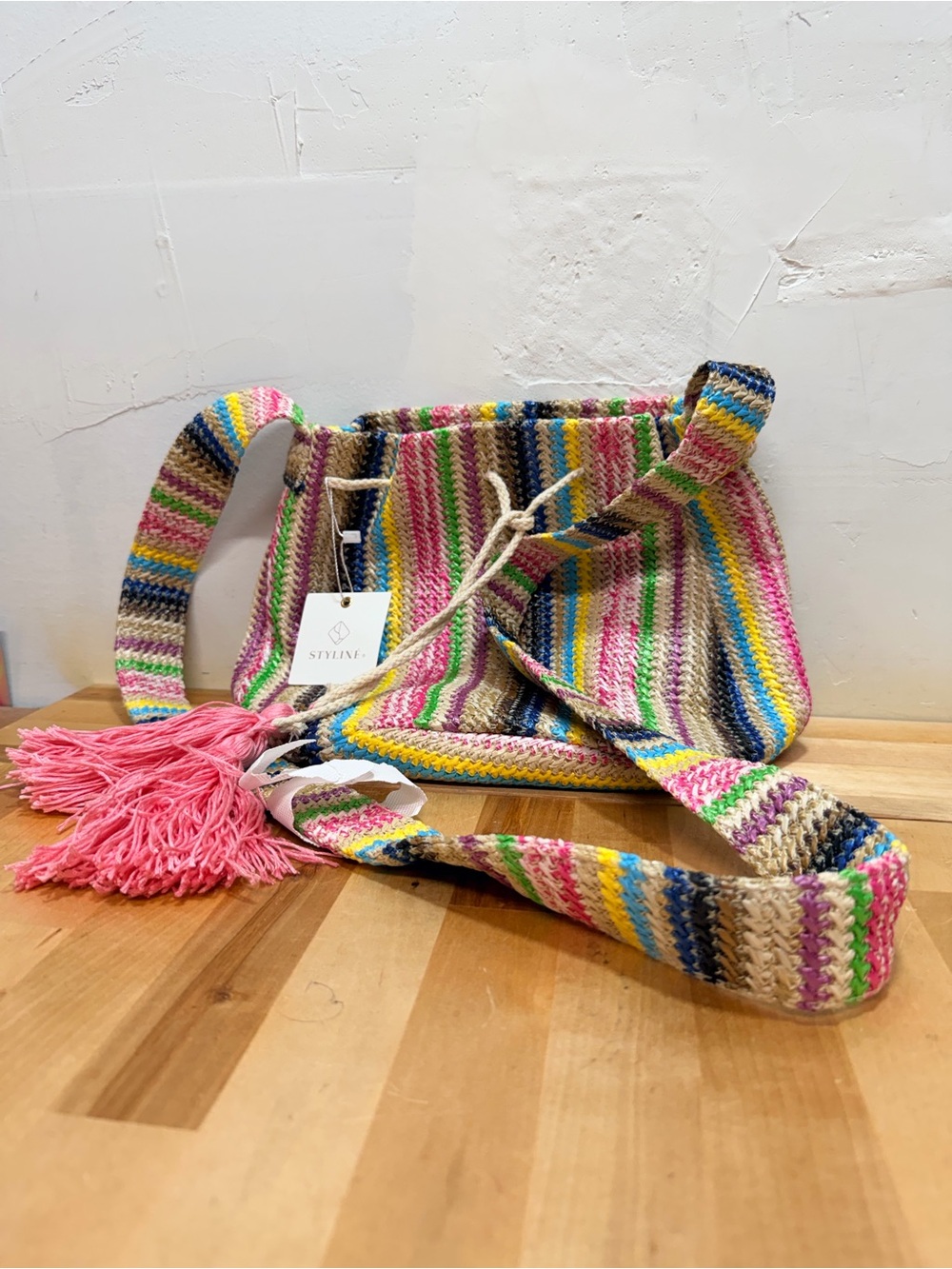 Multicolor Woven Bucket Bag with Tassel Strap - Picture 3 of 4